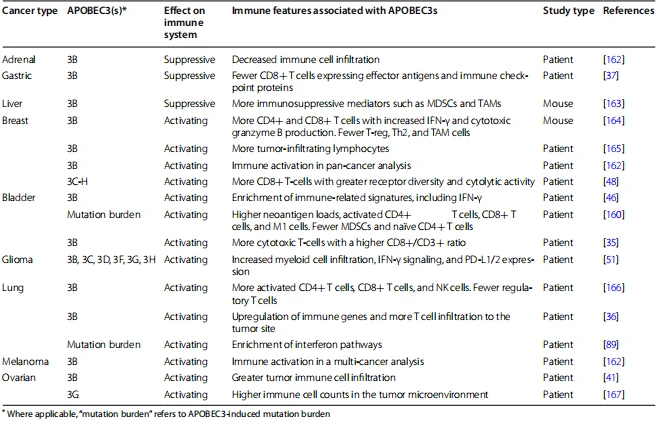 Table 4 Immune-modulating effects of APOBEC3s by cancer type Table 4 Immune-modulating effects of APOBEC3s by cancer type